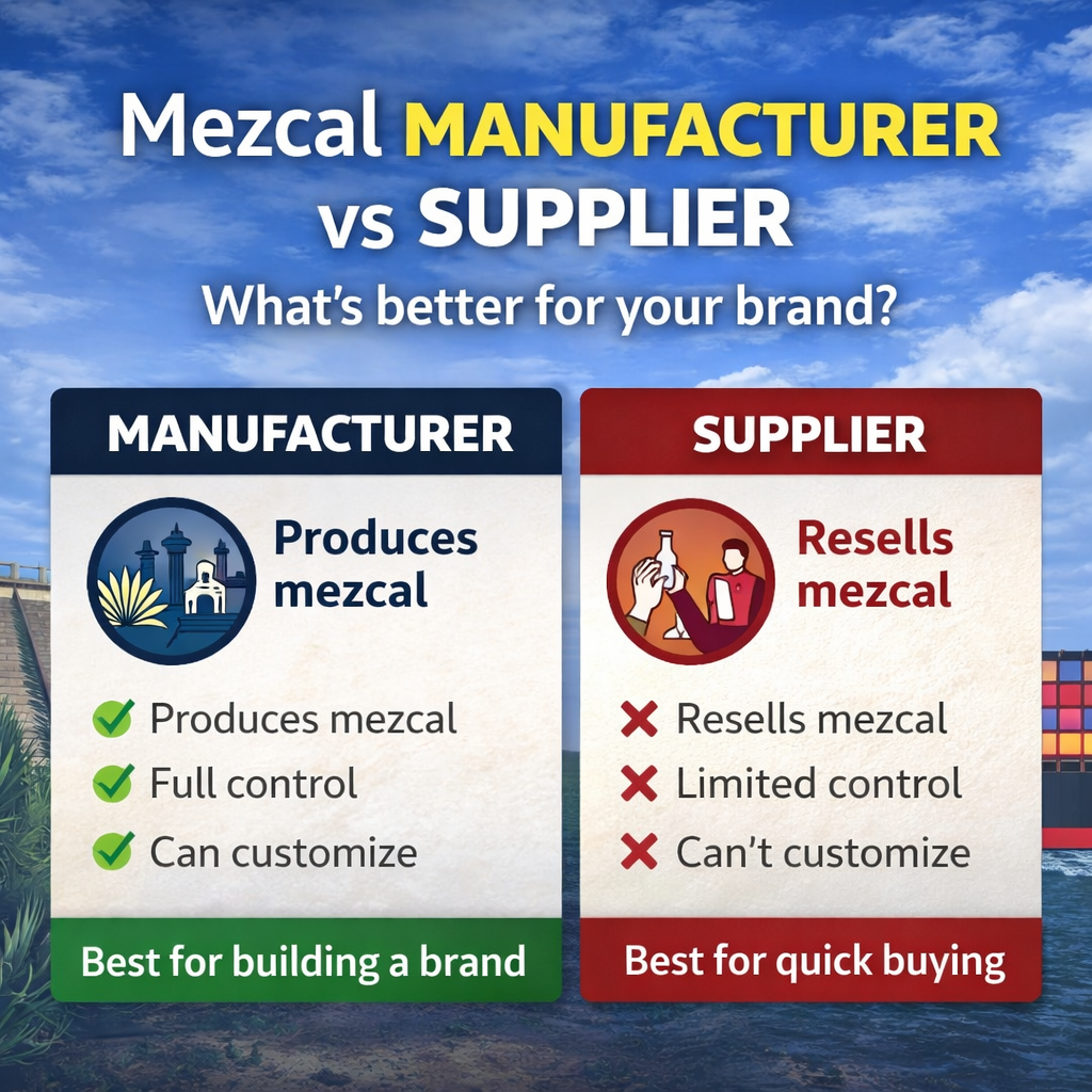 mezcal manufacturer vs supplier comparison showing production control customization and resale differences