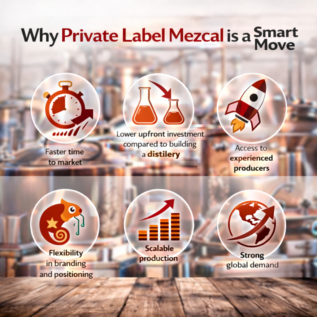 why private label mezcal benefits infographic faster market entry scalable production global demand mexico